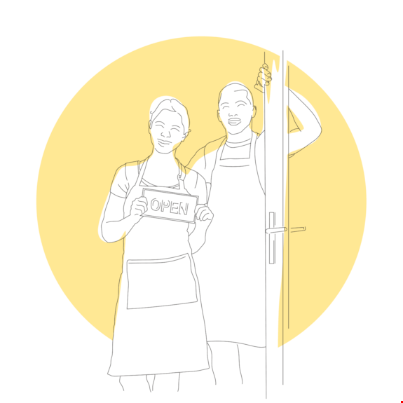 Couple holding an open sign in front of a door